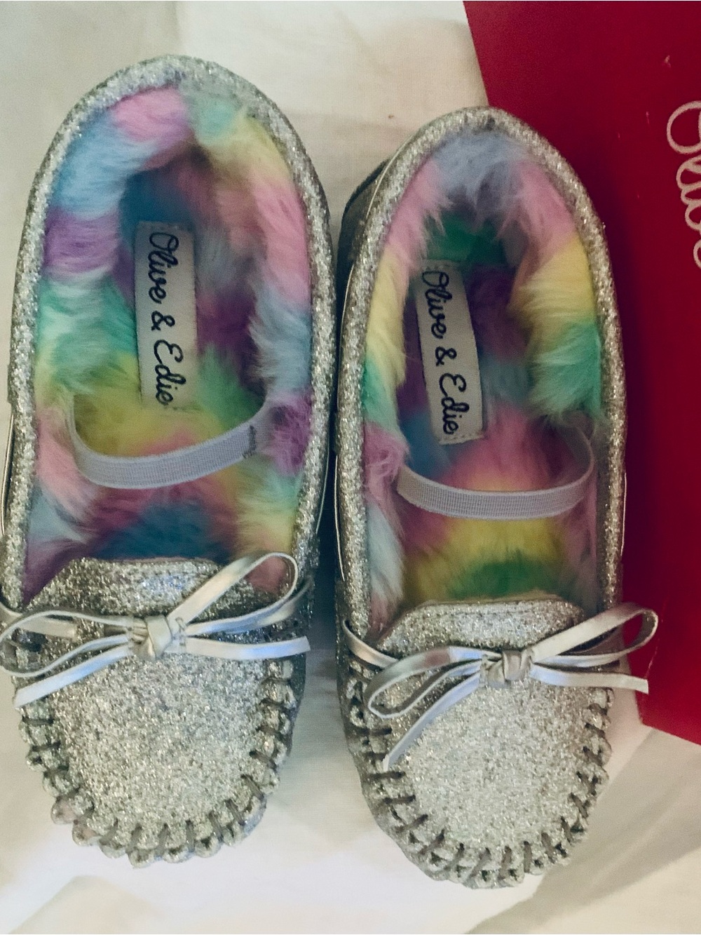 Olive & Edie Silver Glitter Kids Moccasins with Rainbow Faux-Fur Lining